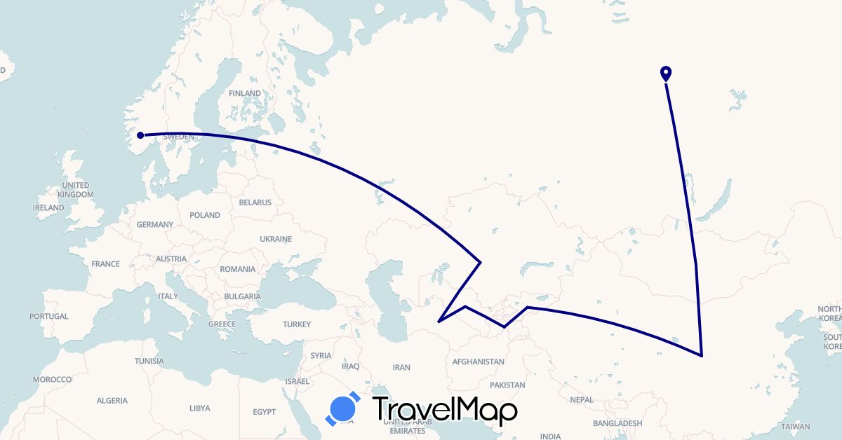 TravelMap itinerary: driving in China, Kyrgyzstan, Kazakhstan, Mongolia, Norway, Russia, Tajikistan, Turkmenistan, Uzbekistan (Asia, Europe)